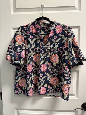 THML Navy Floral Button-Down Casual Shirt with Pink and Coral Blooms